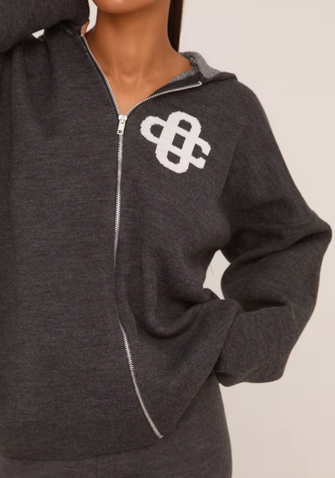 Zip Through Swirl Graphic Hoodie In Grey Knit Zip Through Swirl Graphic Hoodie In Grey Knit